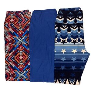 Lot of 3 LuLaRoe Leggings Size OS Navy Blue Solid Stars Red Orange Geometric